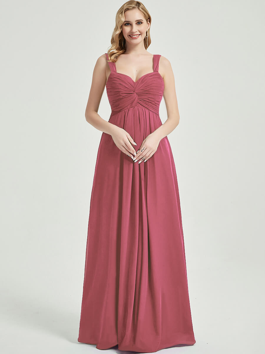 Elegant Desert Rose Sweetheart Straps A-Line Maxi Chiffon Bridesmaid Dress for Wedding Party & Formal Events | Flowy Chiffon Gown with Sweetheart Neckline