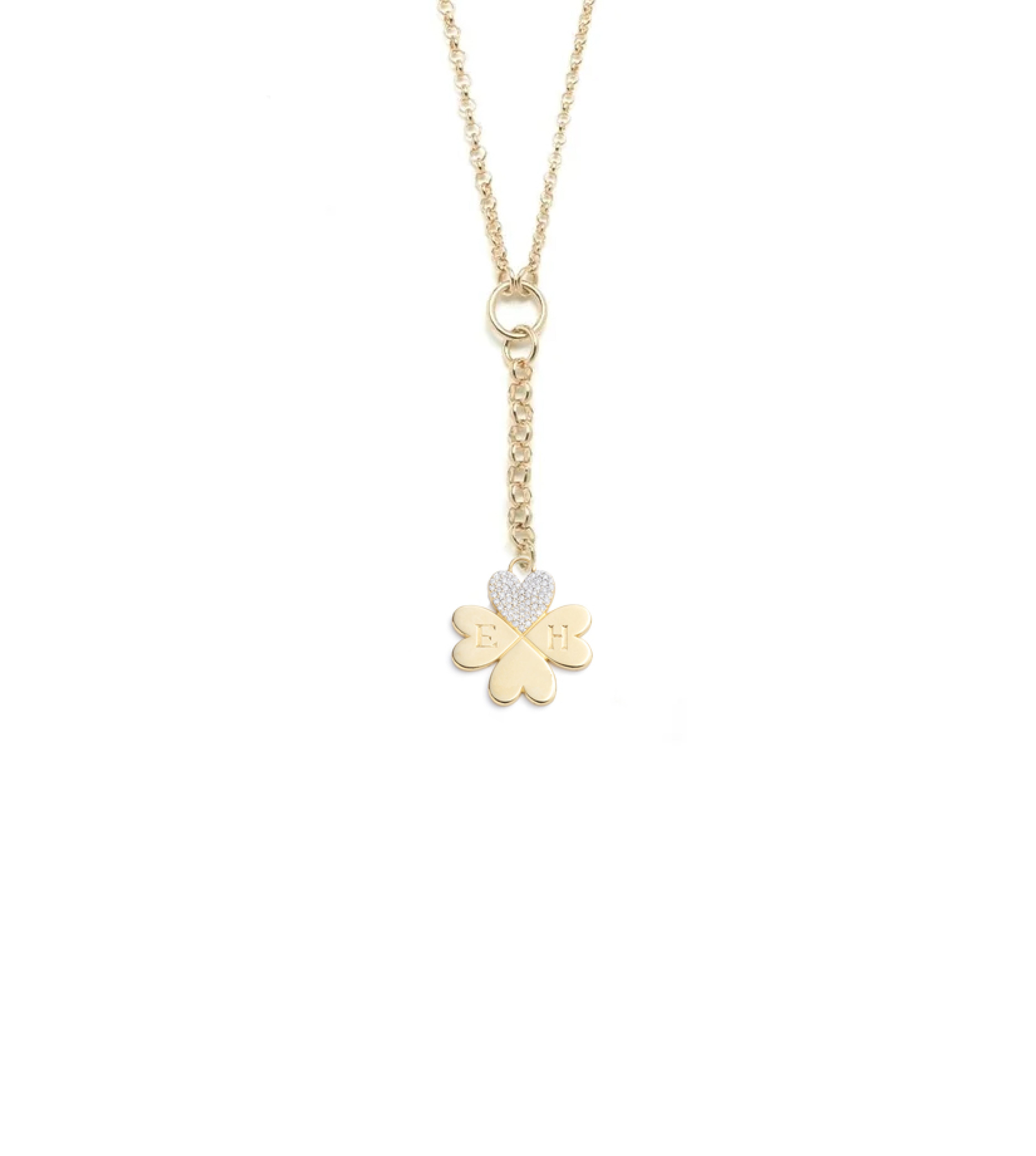 Pave Diamond Engravable Four Leaf Clover Pendant Necklace - Dainty Belcher Chain Jewelry for Women, Perfect Gift for Anniversary, Birthday & Valentine's Day