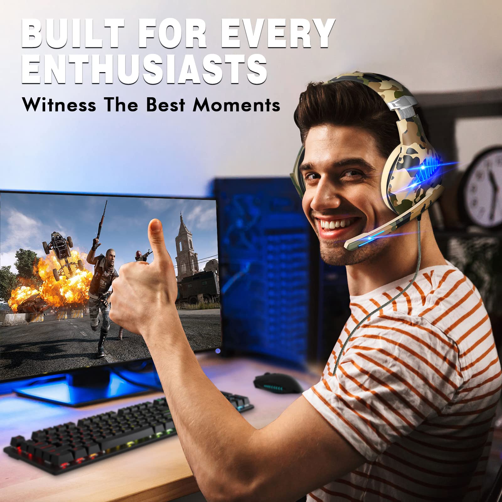 Best Noise Cancelling Gaming Headset for PS5, PS4, Xbox ONE, Switch & PC - Over-Ear Stereo Bass Surround Sound Headphones (Camo Design) - Perfect for Competitive Gaming & Online Chat