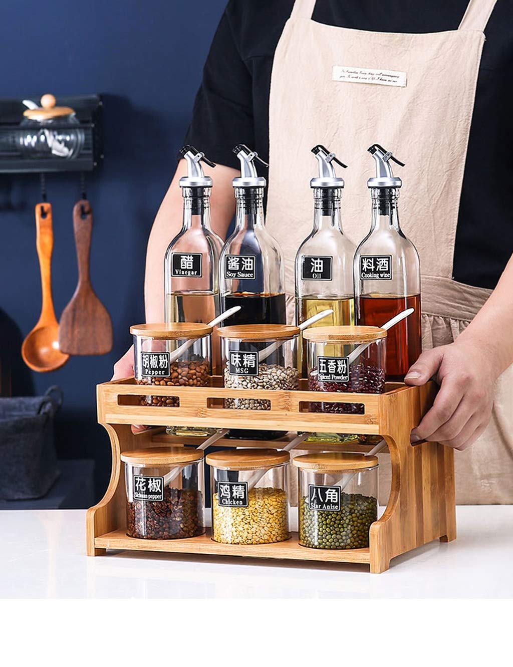 HUUBS 11-Piece Spice Rack Set - Countertop Oil, Salt, Sauce & Vinegar Storage Organizer - Ceramic Seasoning Box & Glass Cruet for Kitchen - Perfect for Cooking, Baking & Meal Prep Organization