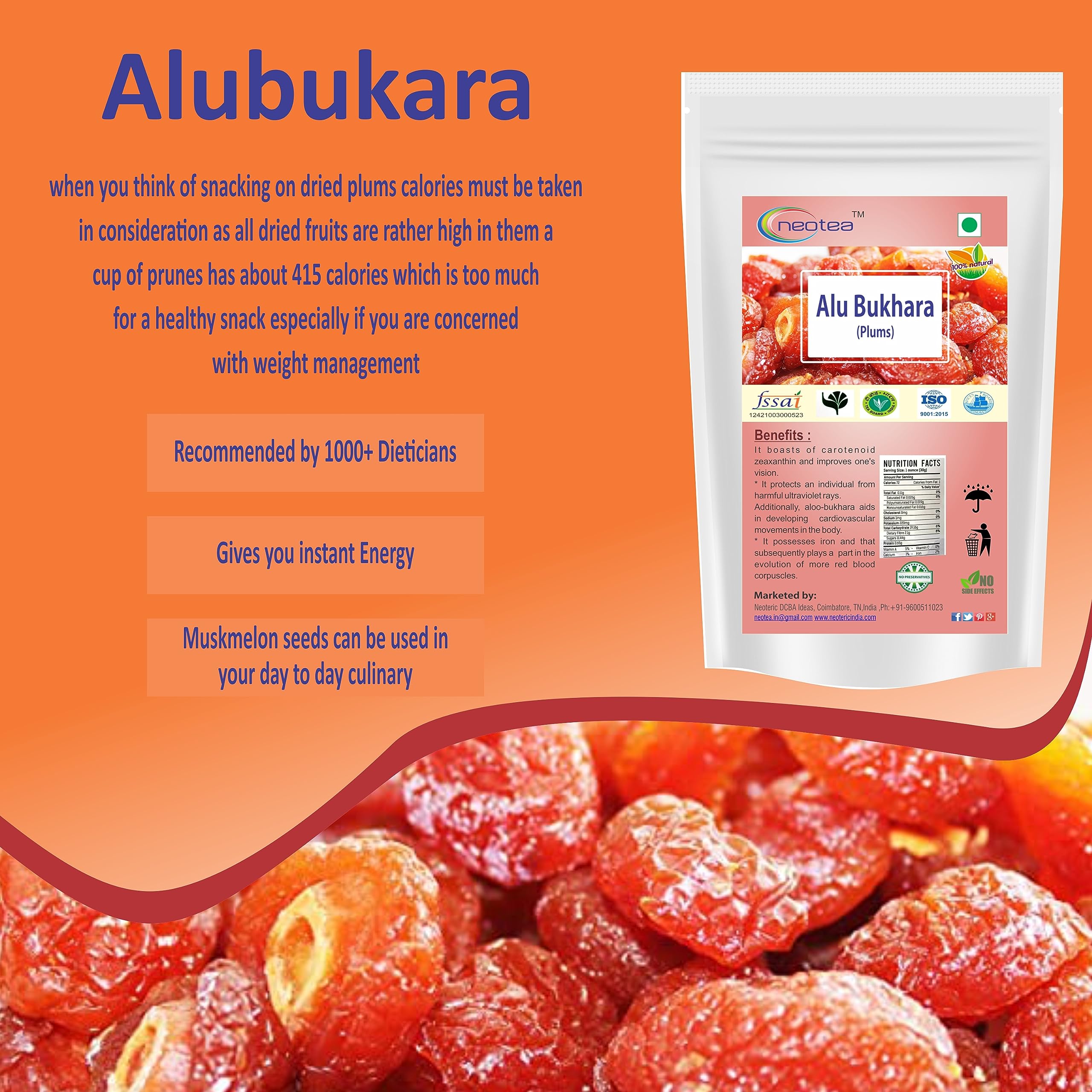 Premium Neotea Dried Alu Bukhara Plums - 250g | Natural Sweet & Tangy Dried Fruit Snack | Perfect for Baking, Trail Mix & Healthy On-the-Go Snacking
