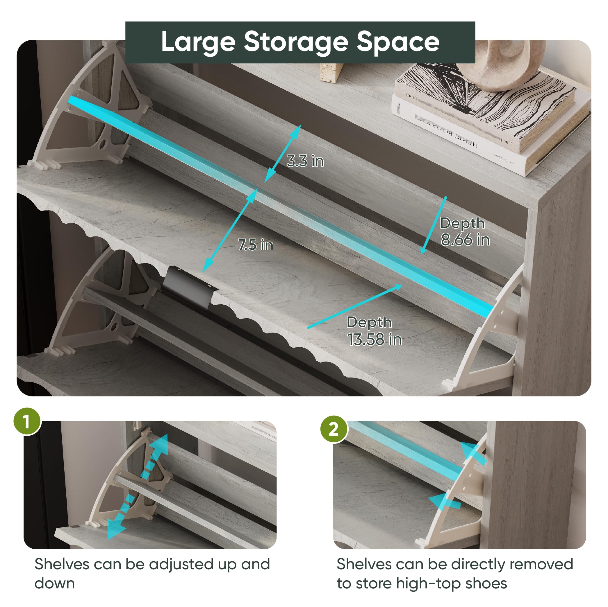 Modern Fluted Shoe Cabinet with 2 Flip Wave Panel Drawers - Solid Wood Legs Hidden Shoe Organizer - Entryway Storage Cabinet for Hallway - Light Wood Grey Finish - Perfect for Small Spaces & Apartment Living