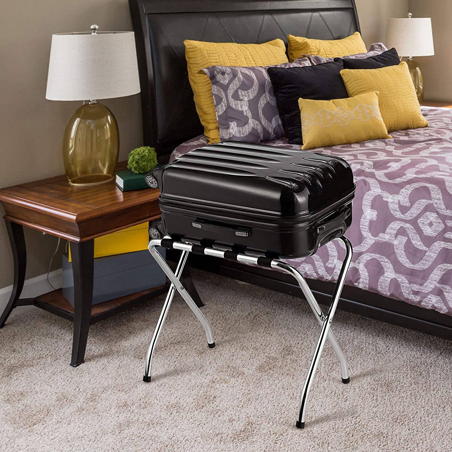 Chrome Folding Luggage Rack with Nylon Straps - No Assembly Required Metal Suitcase Stand for Bedroom, Guest Room & Hotel Use (2 Pack) - Perfect for Travel Storage & Space-Saving Organization