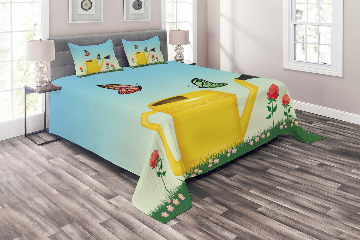 Ambesonne King Size 3-Piece Quilted Bedspread Set with 2 Pillow Shams - Gardening & Butterfly Design in Pale Sky Blue - Perfect for Bedroom Decor, Guest Room, and Farmhouse Style Home