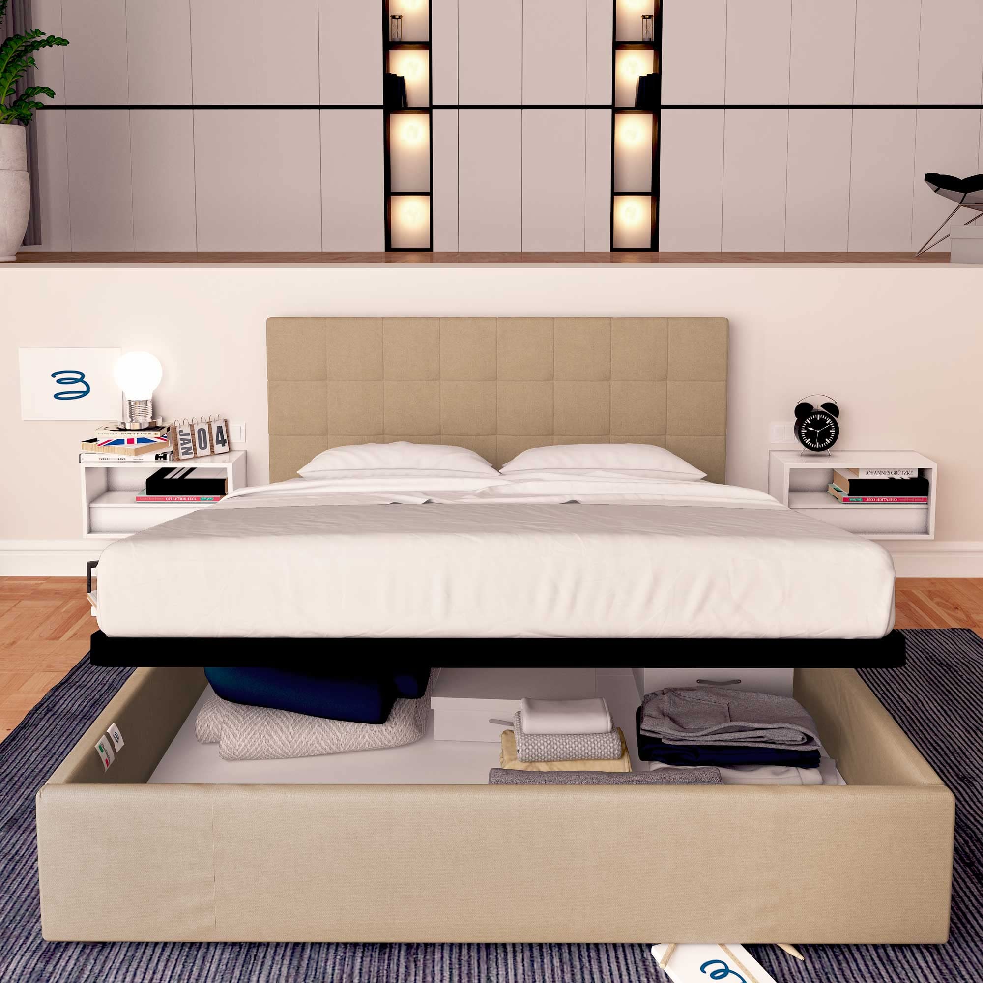 Baldiflex Dublin Fabric Double Bed Frame with Storage, Slatted Base for Single Mattresses, 180x190cm, Elegant Headboard in Taupe Gray - Perfect for Small Bedrooms & Guest Rooms