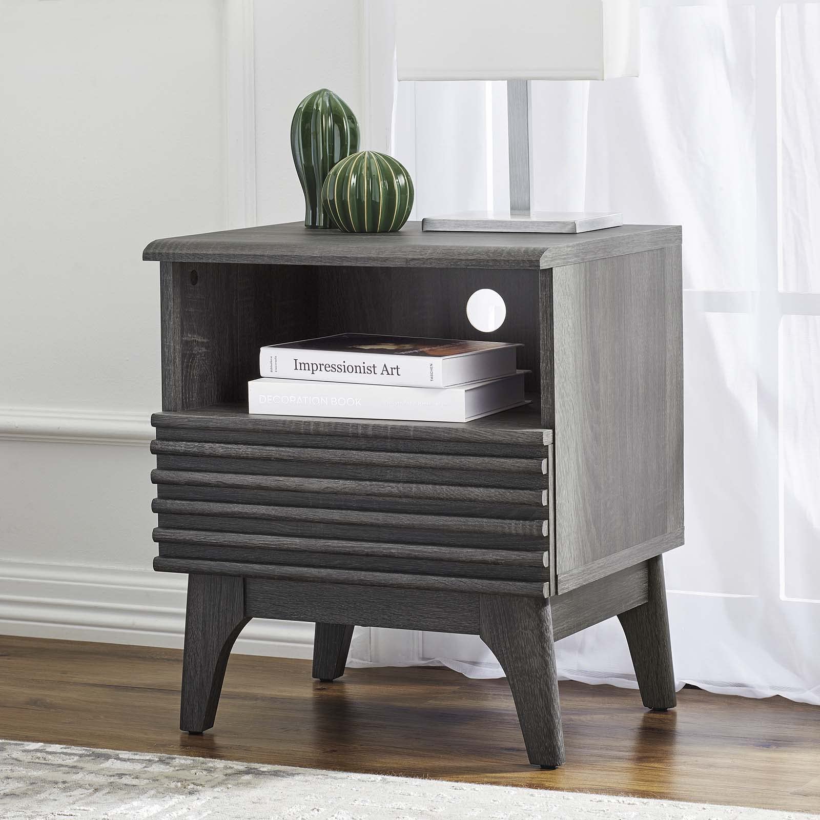 Mid-Century Modern Nightstand with Single Drawer - Charcoal Finish | Stylish Bedside Table for Bedroom, Living Room & Office