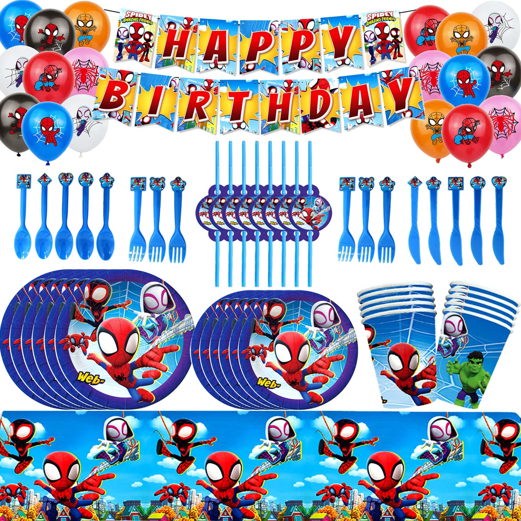 Spider Theme Birthday Party Decorations Kit - Includes Happy Birthday Banner, Paper Cups, Straws, Table Cover, Plates, Forks, Spoons, Knives & Balloons for Boys & Girls - Perfect for Halloween, Superhero, or Cartoon Themed Parties