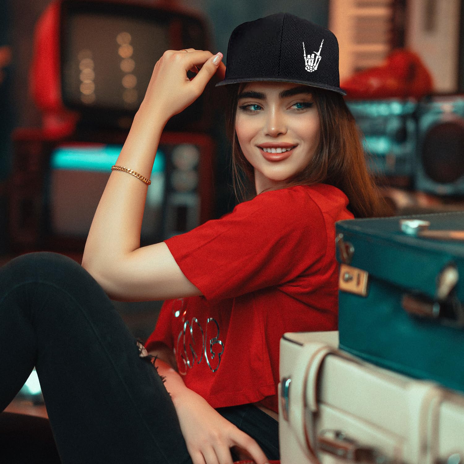 Flat Bill Snapback Hats for Men & Teen Boys - Black Skull Baseball Cap for Skateboarding, Streetwear & Casual Outfits