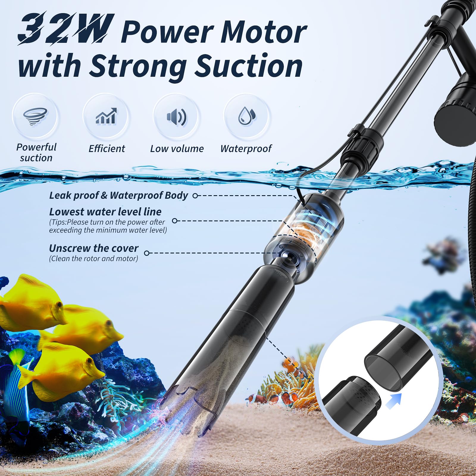 Electric Aquarium Gravel Cleaner - 530GPH/32W Powerful Fish Tank Vacuum Cleaner with Adjustable Water Flow for Sand Washing & Water Changing - Ideal for Turtle & Betta Fish Tanks - Perfect for Home Aquarium Maintenance and Pet Fish Care