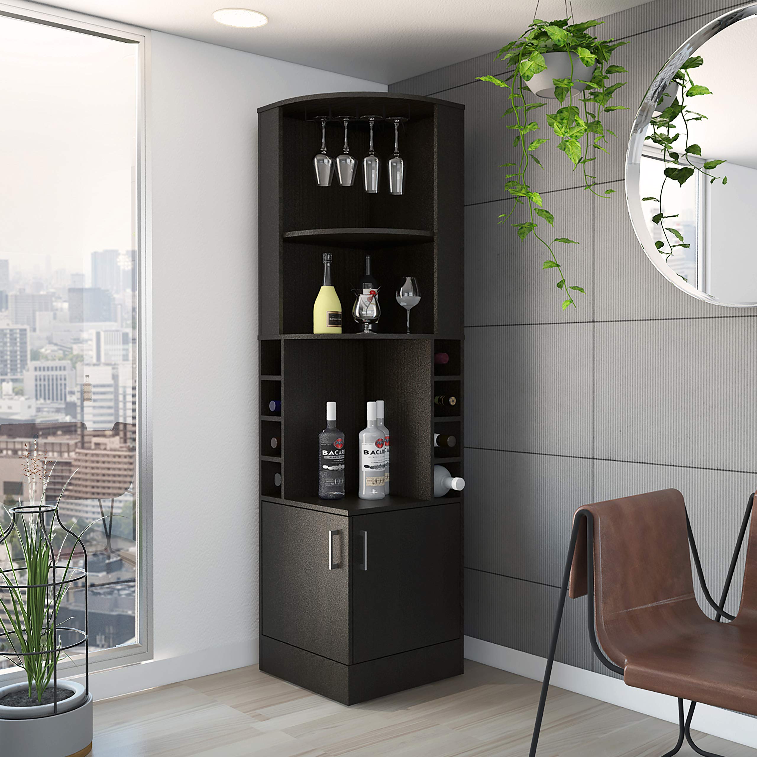 Seattle Corner Bar Cabinet - Black with 3 Open Shelves, Glass Rack, 8 Bottle Storage & Double Doors | Perfect for Home Bar, Kitchen or Dining Room Organization