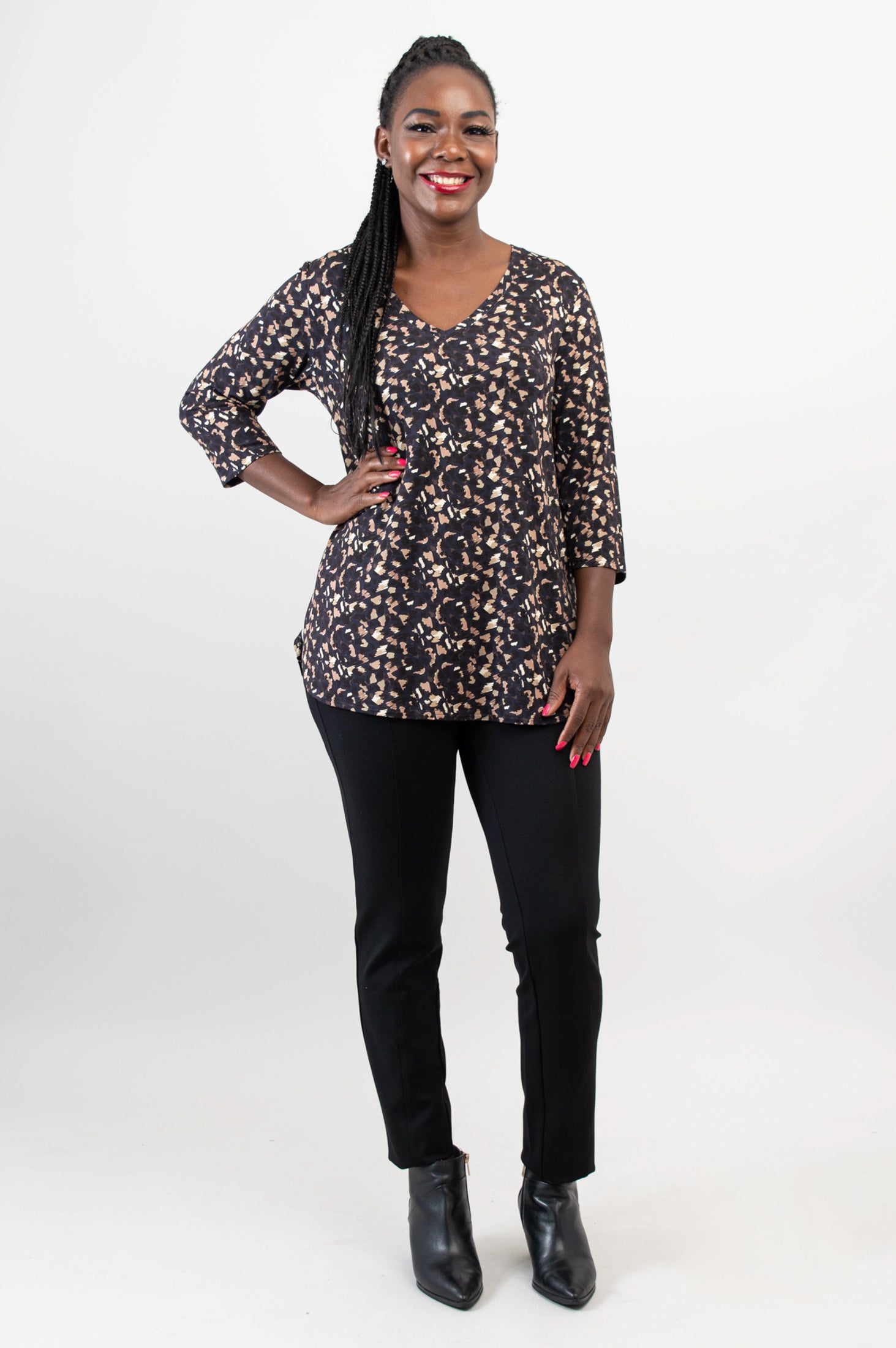 Jackie 3/4 Sleeve Women's Top - Soft Bamboo Fabric with Calico Print - Breathable & Comfortable for Yoga, Work & Casual Wear