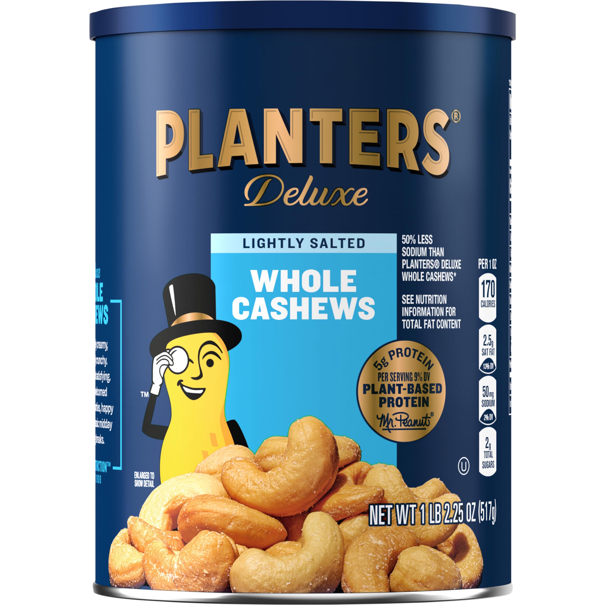 PLANTERS Deluxe Lightly Salted Cashews - 1lb 2.25oz | Kosher Certified, Sea Salt Flavored | High Protein Plant-Based Snacks for Adults & Kids | Perfect for Parties, After School, Office & Healthy On-the-Go Snacking