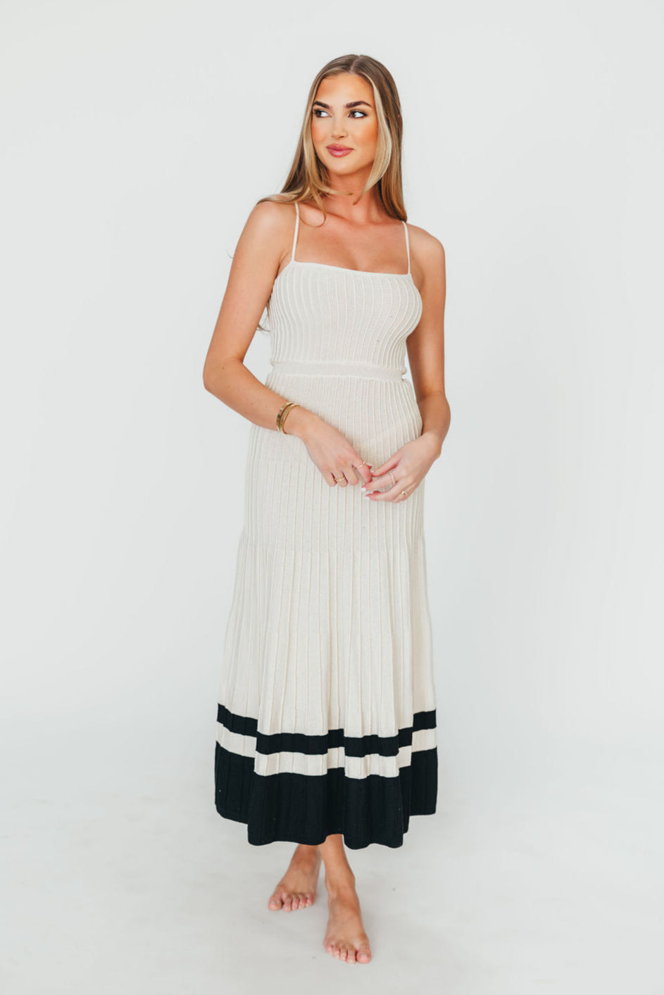 Kenzie Ribbed Knit Dress for Women - Ecru & Black Slim Fit Stretchy Midi Dress | Perfect for Casual Outings, Office Wear & Date Nights
