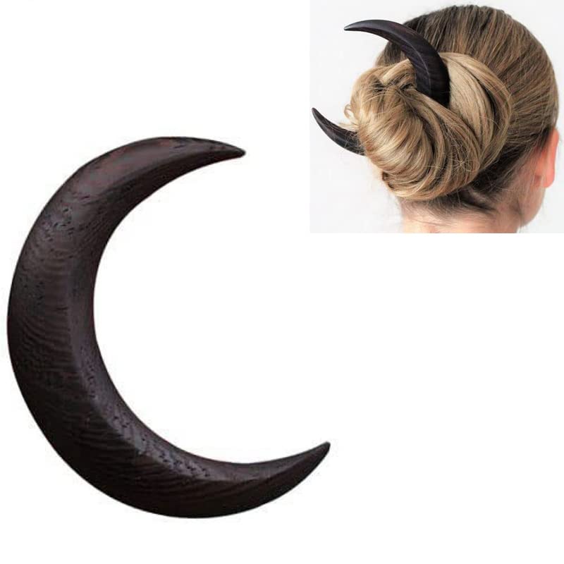 Hand Carved Wooden Crescent Moon Hair Fork for Women - Lightweight Hair Stick Barrette, Hair Styling Accessories for Long Hair (Small, Black) - Perfect for Weddings, Parties & Boho Hairstyles