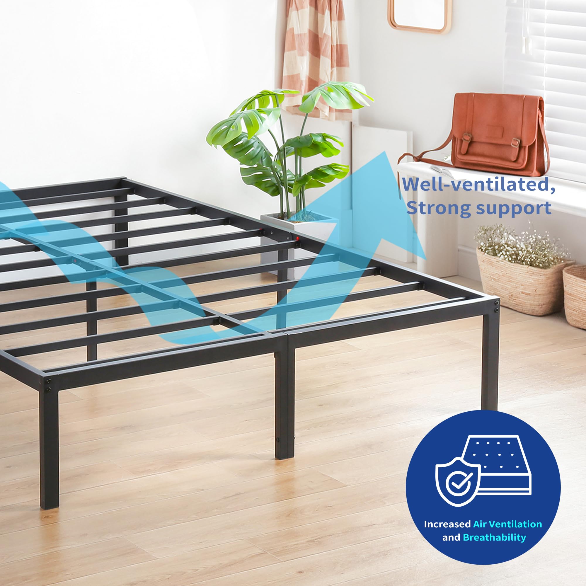 Olee Sleep 14 Inch Heavy Duty Steel Slat Anti-Slip Platform Bed Frame - Noise Free Mattress Foundation with Maximum Storage Space, No Box Spring Needed - Queen Size Black | Perfect for Modern Bedrooms, Guest Rooms & Small Spaces