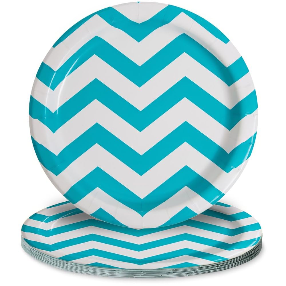 7-Inch Unique Chevron Round Dessert Paper Plates in Caribbean Teal - Perfect for Birthday Parties, Baby Showers & Elegant Events