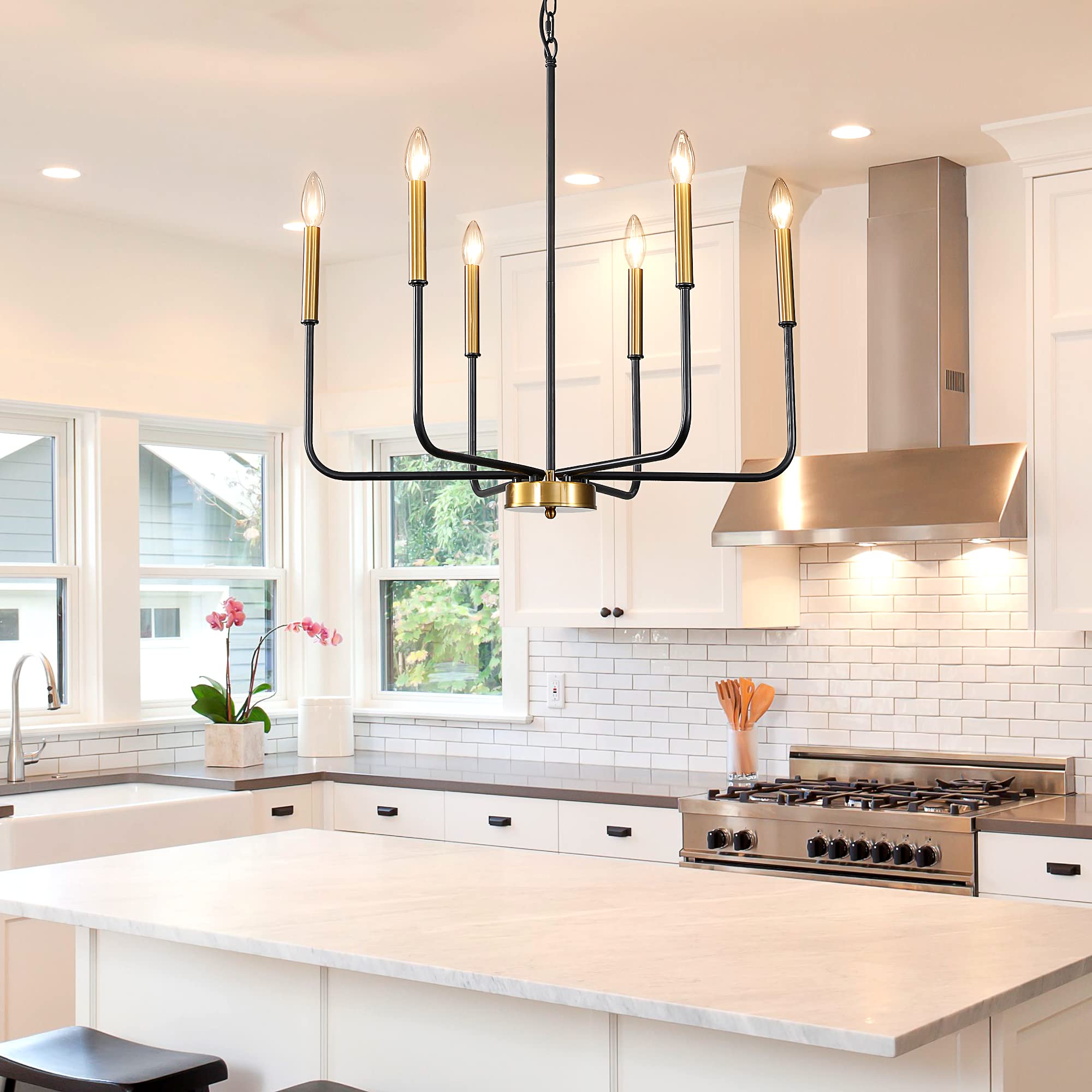 Modern 6-Light Black & Gold Farmhouse Chandelier - Adjustable Candle Pendant Light Fixture for Dining Room, Kitchen Island, Living Room & Entryway | Rustic Elegance for Home Decor & Wedding Venues
