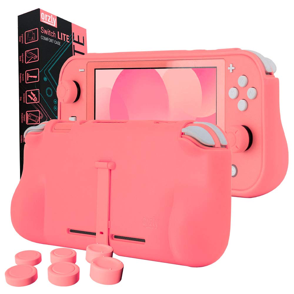 Orzly Comfort Grip Case for Nintendo Switch Lite - Padded Hand Grips, Adjustable Kickstand & Bonus Thumb Grips - Coral | Perfect for Gaming On-The-Go & Travel Protection