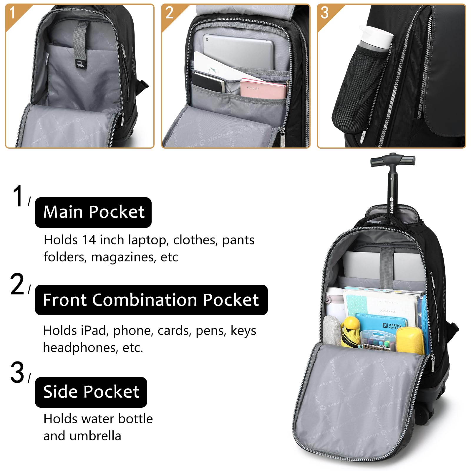 18 Inch Rolling Backpack with 4 Detachable Wheels - Water Resistant Wheeled Laptop Backpack for Men & Women | Carry-On Luggage, Business Travel Bag for Work & Airplane | Perfect for Commuting, College & Business Trips (Black)