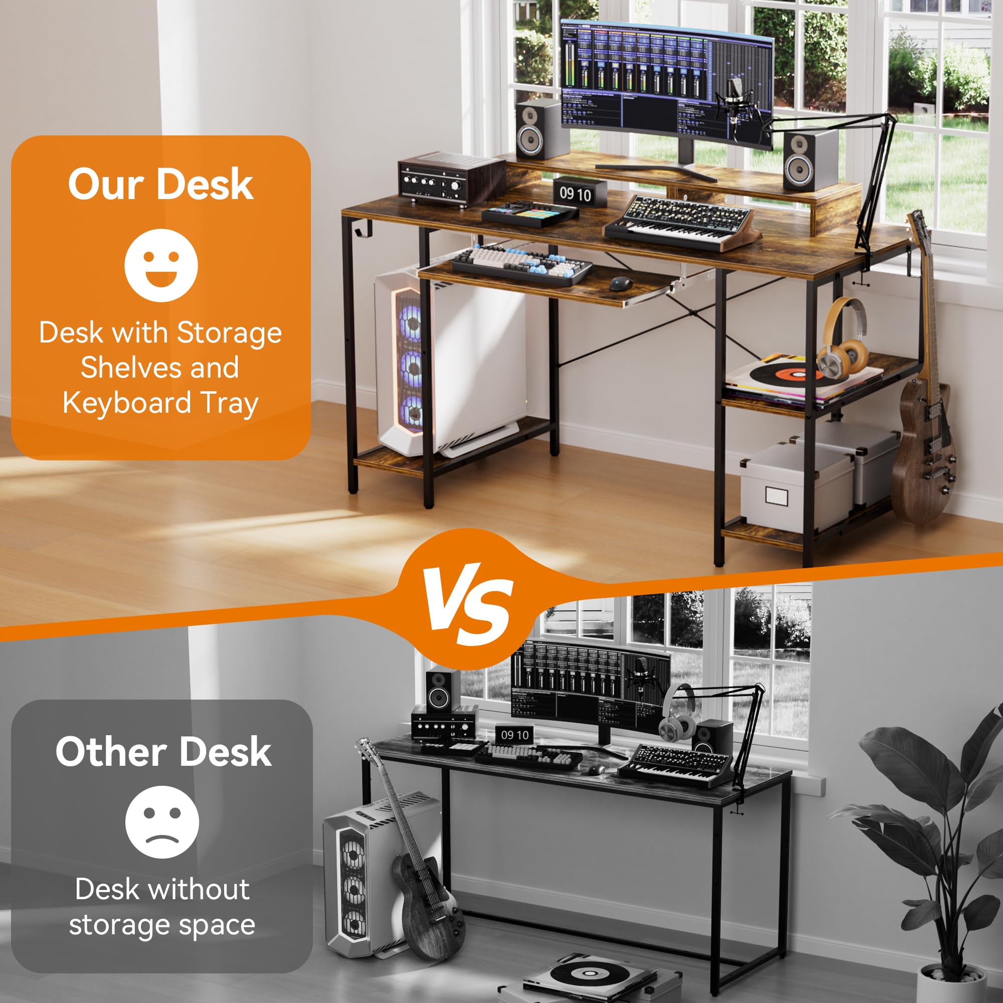 55 Inch Computer Desk with Keyboard Tray - Music Studio & Gaming Workstation with Storage Shelves, Monitor Stand & 4 Iron Hooks - Perfect for Home Office, Music Production & PC Gaming Setup