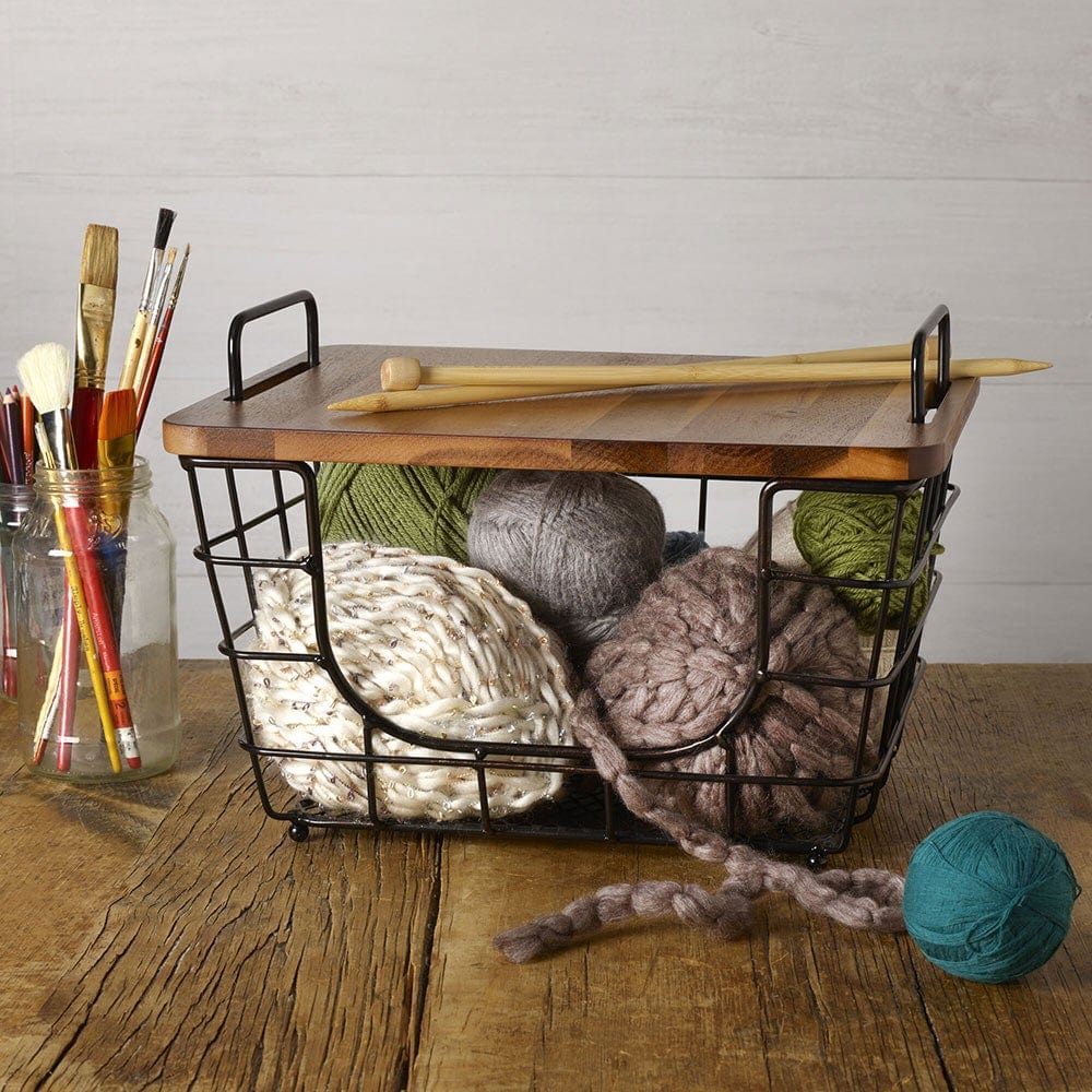 Premium Stacking & Nesting Baskets with Acacia Wood Lid - Stylish Storage for Kitchen, Bathroom, and Home Organization