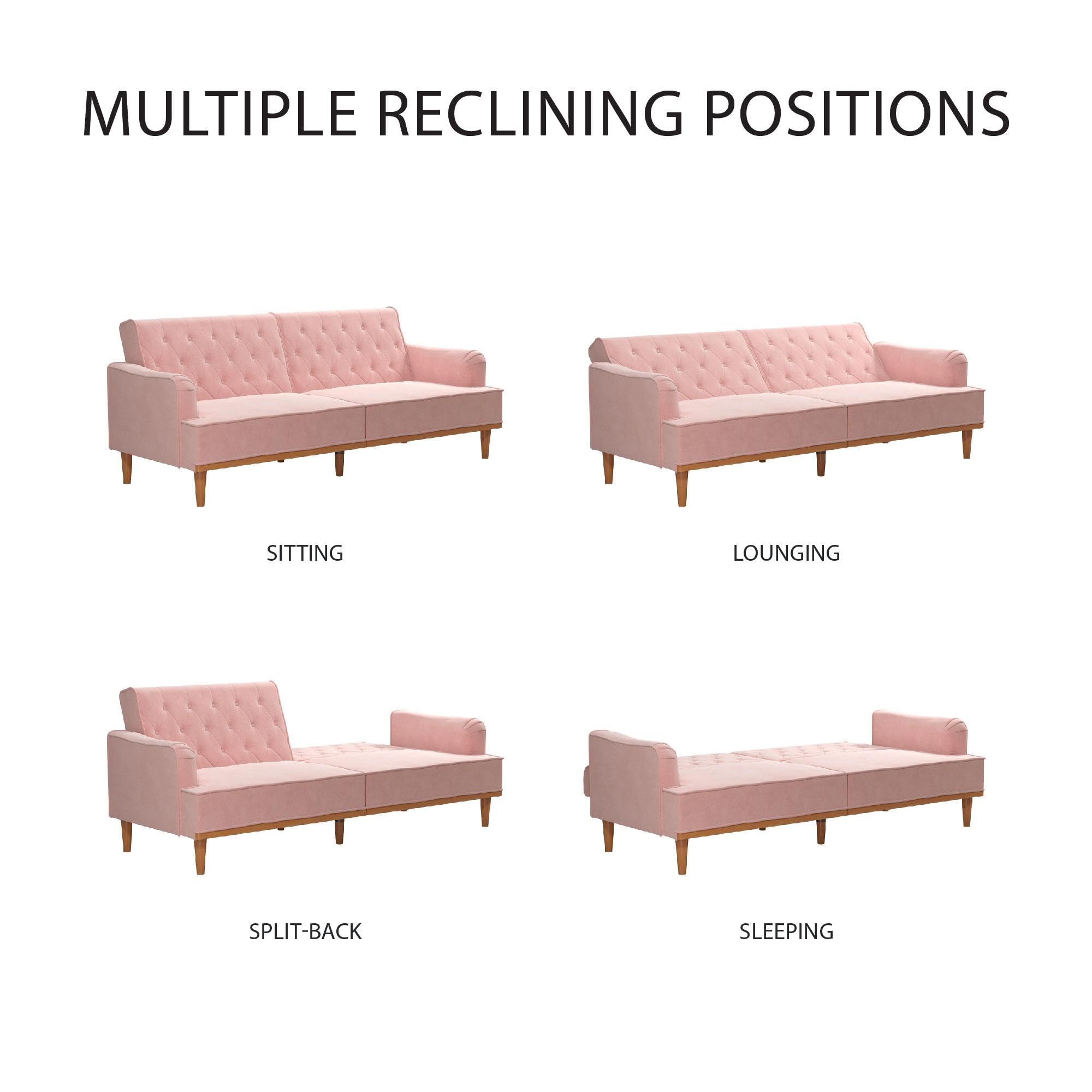 Mr. Kate Stella 80 Inch Velvet Futon Sofa Bed - Modern Upholstered Convertible Sleeper with Button Tufted Back & Wood Trim, Pink | Perfect for Small Apartments, Guest Rooms & Cozy Living Spaces