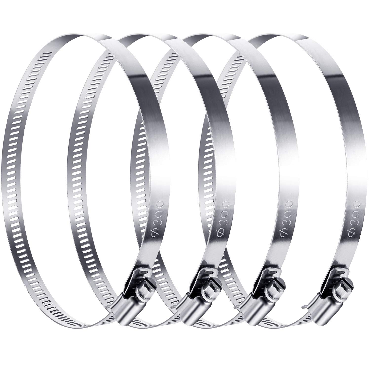 Boao 4-Pack 12 Inch Adjustable 304 Stainless Steel Hose Clamps - Heavy Duty Duct Clamps for HVAC, Automotive & Plumbing Applications