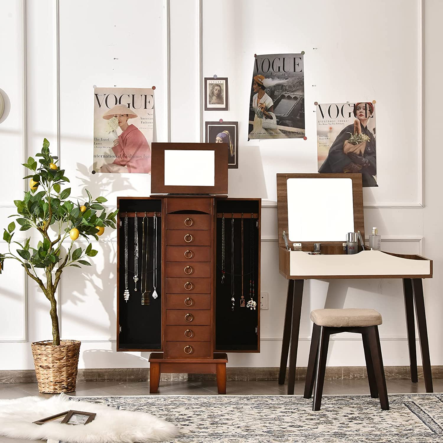 FANTASK Standing Jewelry Armoire Cabinet - Wooden Jewelry Storage Chest with Flip Top Mirror, 9 Drawers & 2 Side Doors - Large Bedroom Storage Organizer for Necklaces, Rings & Accessories - Perfect for Walk-in Closets, Dressing Rooms & Master Bedrooms (Walnut)