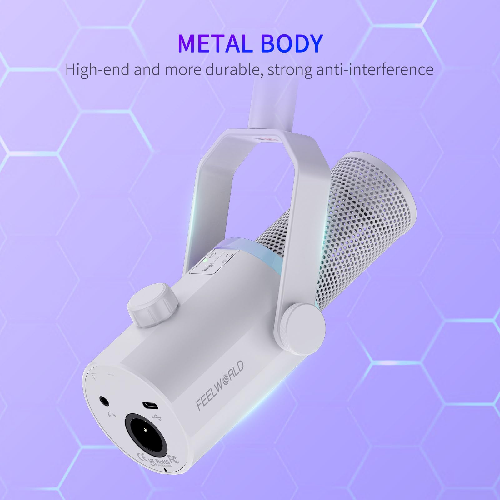 FEELWORLD PM1 XLR USB Dynamic Microphone - Professional Podcast Mic for Recording, Gaming, Live Streaming & Voice-Over - Studio Metal Condenser Mic with RGB Lighting, Mute Button & 3.5mm Headphone Jack (White) - Perfect for YouTube, Twitch, Discord & Home Studio Setup