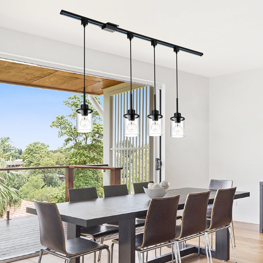 4-Lights H-Type Track Lighting Fixture - Dimmable Black Kitchen Pendant Light with Clear Glass Shades (45.8