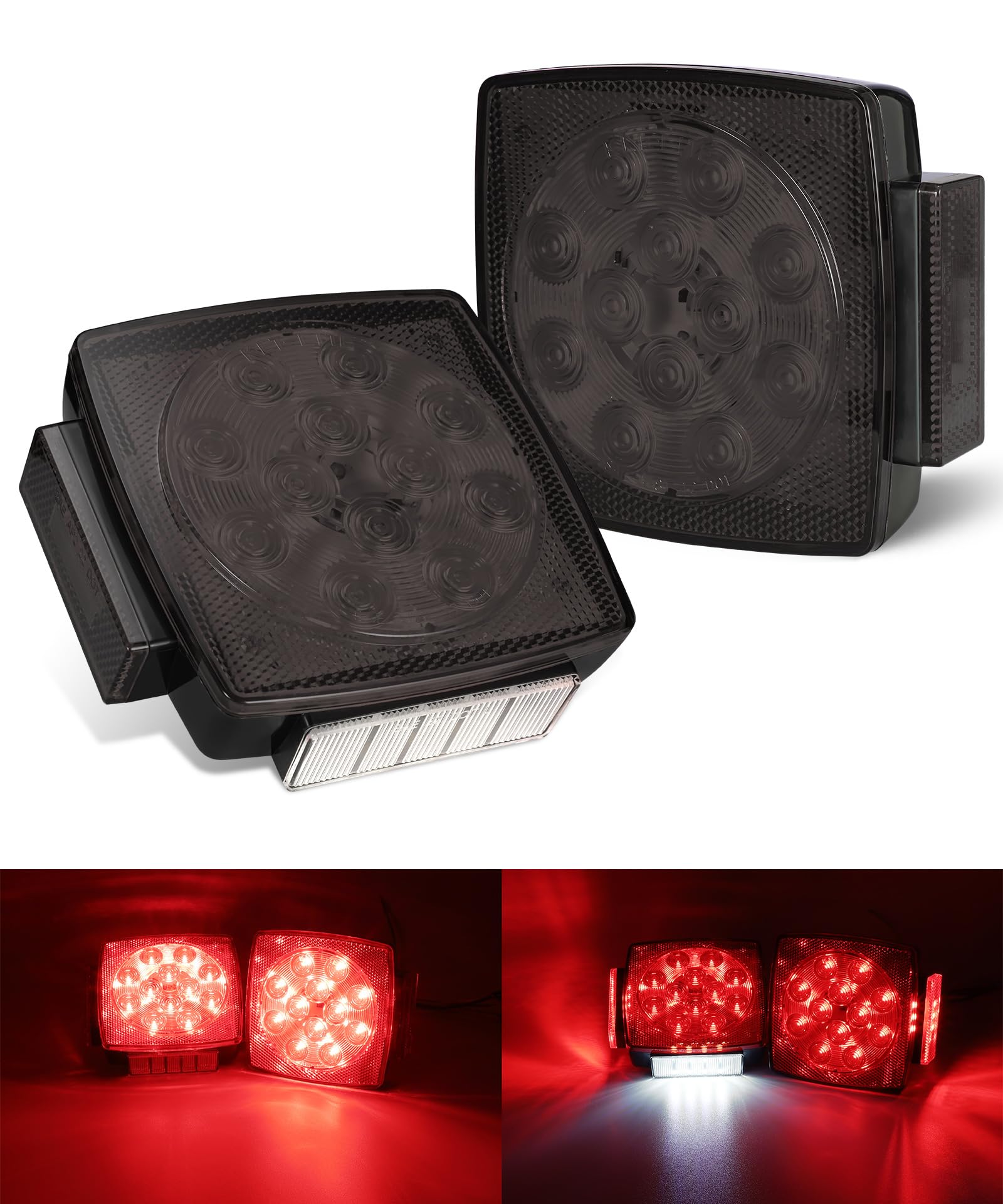 Partsam Pair Slim Square LED Trailer Lights - 15 Red & 4 White 5050 SMD LEDs, Submersible Stop/Turn/Tail Lights with Side Clearance & License Plate Light - IP67 Waterproof Smoke Lens for Under 80