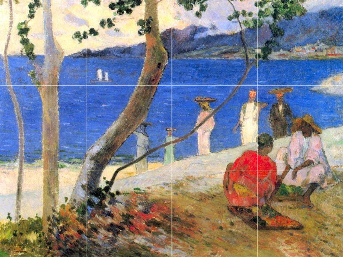 Gauguin Beach Scene Tile Mural - 4x3 Ceramic Glossy Wall Backsplash for Kitchen & Bathroom - Perfect Behind Stove, Range or Sink Splashback - Waterproof & Easy to Clean - Ideal for Coastal, Bohemian & Mediterranean Home Decor