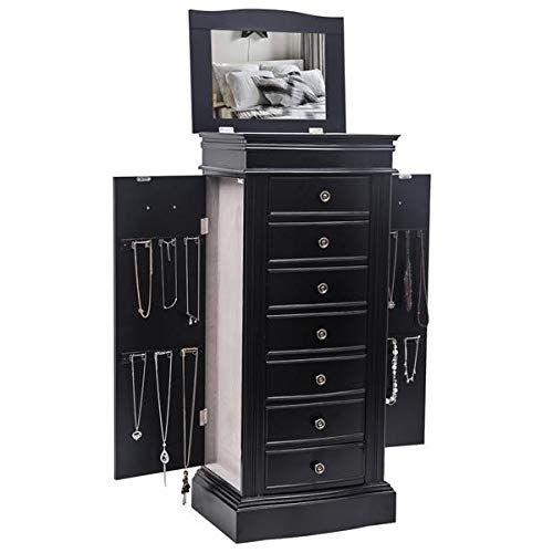 8-Tier Standing Jewelry Armoire with 7 Drawers - Black | Full-Length Mirror & Storage for Necklaces, Rings, Earrings | Perfect for Bedroom, Closet & Dressing Room Organization