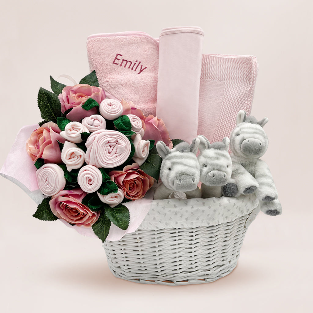 Personalized Three Little Zebras Luxury Baby Gift Basket - Pink | Newborn Baby Shower, Christening, Birthday Present for Girls & Boys | Perfect for Nursery Decor & Special Occasions