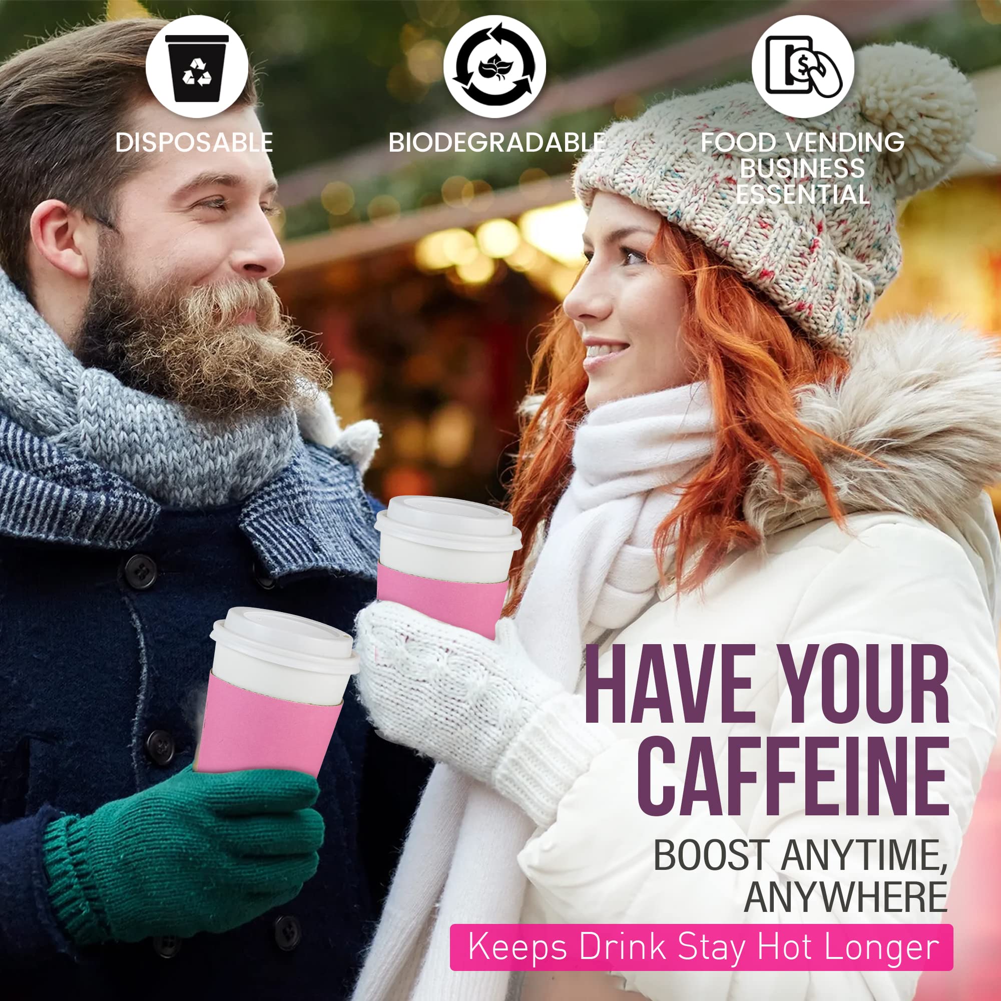 500 Pack 16oz Disposable Coffee Cups with Lids & Pink Sleeves - Lead-Free Sturdy To-Go Hot Paper Cups for Coffee, Tea, Hot Chocolate - Perfect for Parties, Weddings, Birthdays, Office & Cafes (White Lids)