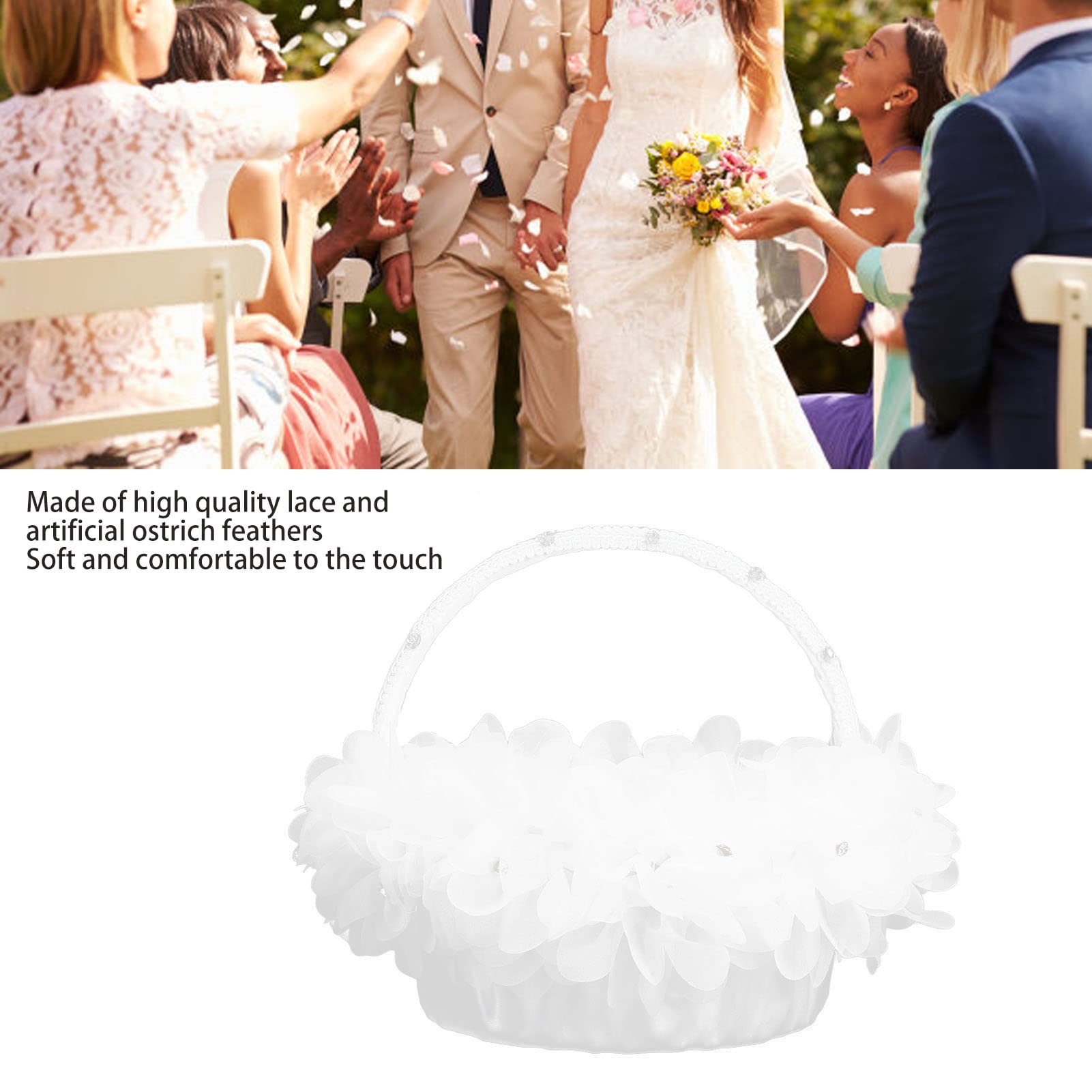 Elegant Lace Flower Girl Basket with Ostrich Feathers - Wedding Party Photography Props for Bridal Shower, Flower Girls & Ceremony Decor