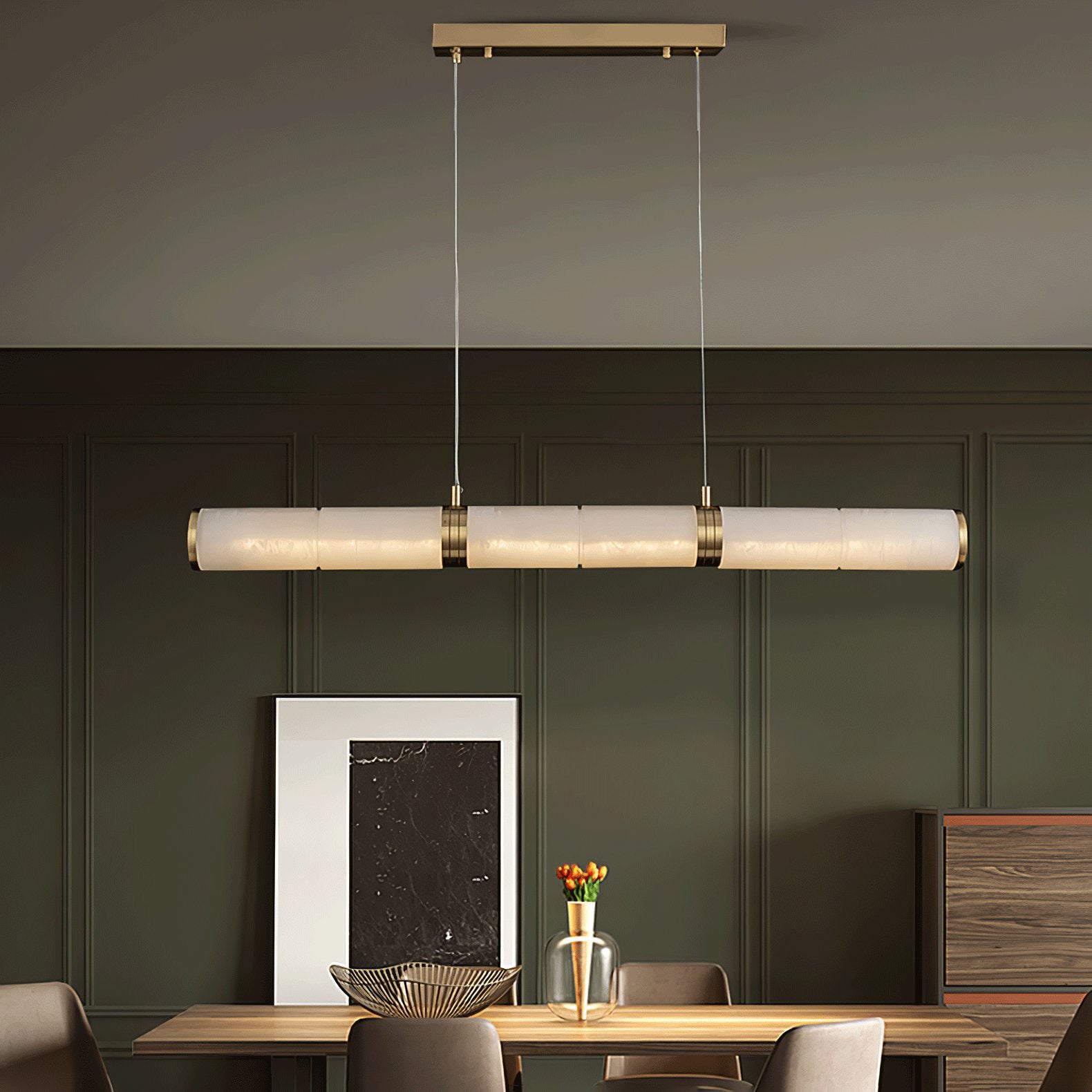 Modern Alabaster Beam Pendant Light - Handcrafted Natural Stone Ceiling Fixture for Dining Room, Kitchen Island & Bedroom Lighting