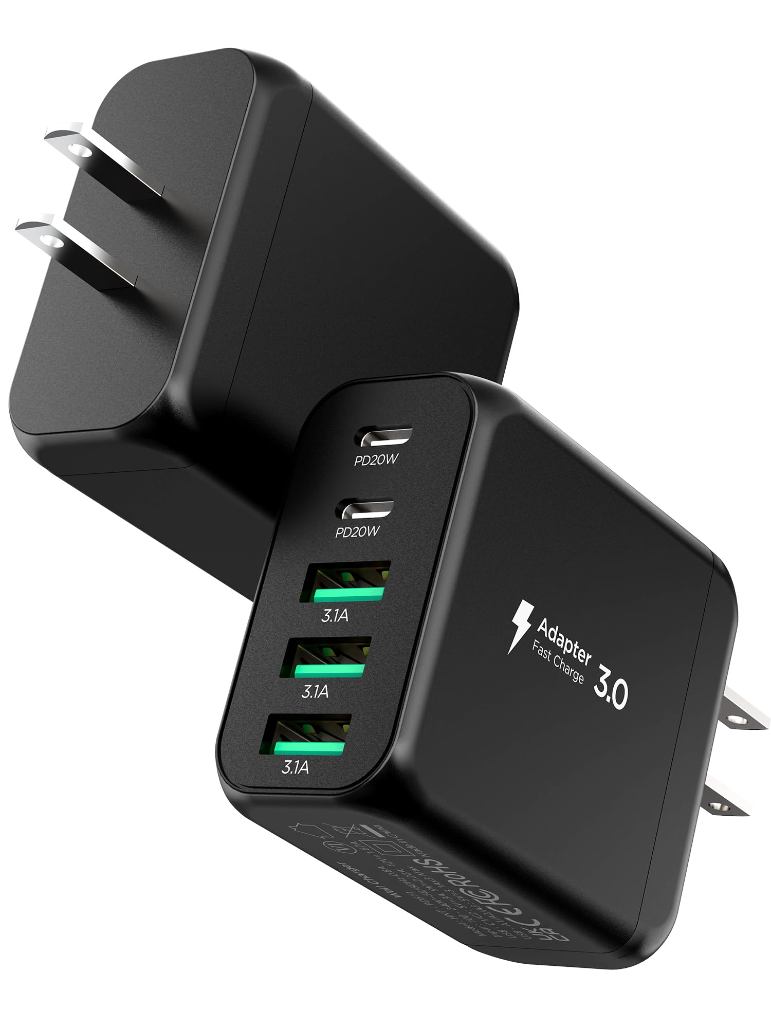 50W 5-Port USB C Fast Charger Block [2-Pack] - PD 3.0 Wall Charger for iPhone 16/15/14/13/12/11 Pro Max/XS, iPad, Samsung Galaxy - Compact Cube Design for Home, Office & Travel - Black