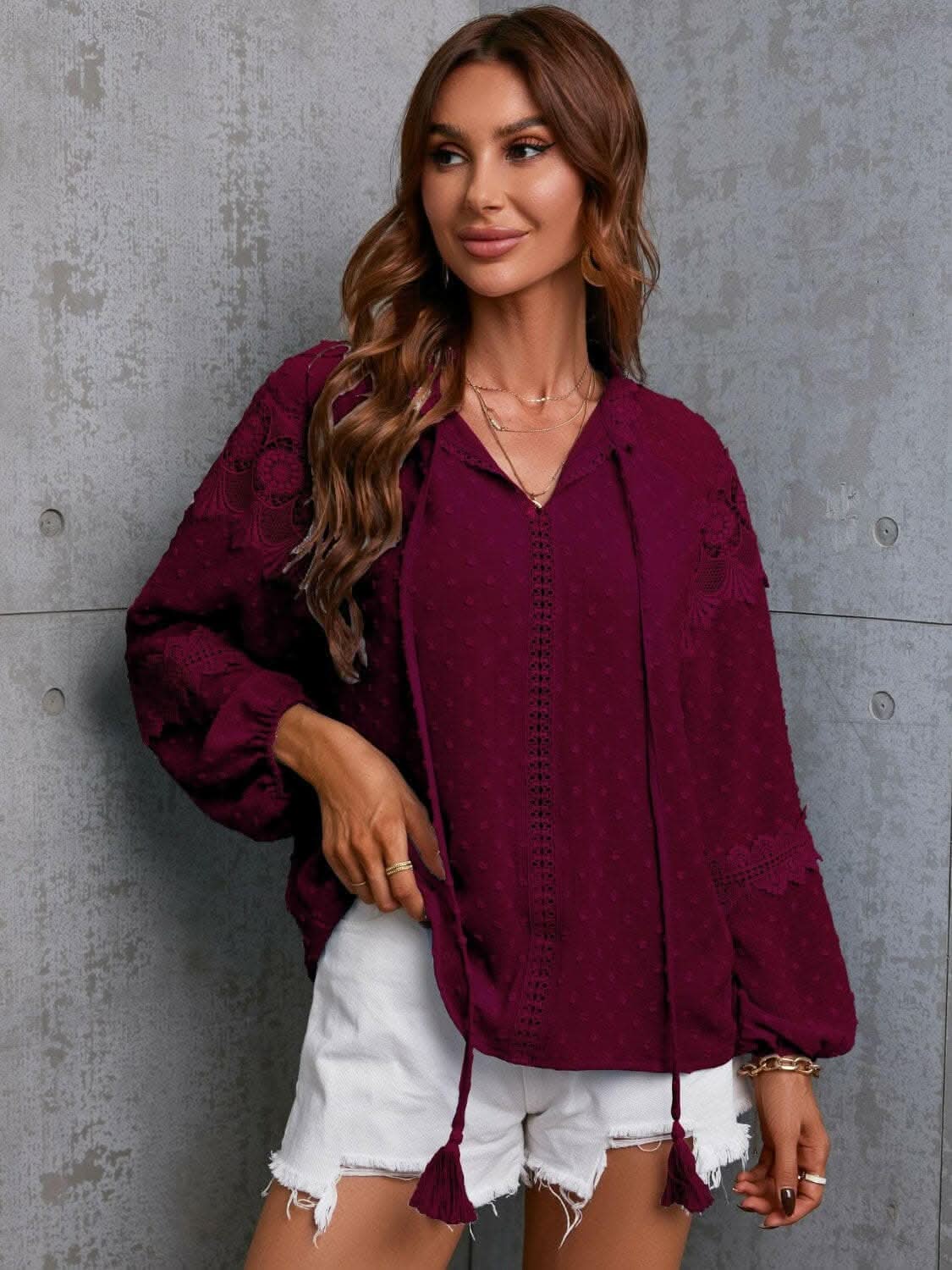 Elegant Crochet Tie Neck Blouse for Women - Boho Chic Summer Top - Perfect for Beach Vacations, Date Nights & Office Wear