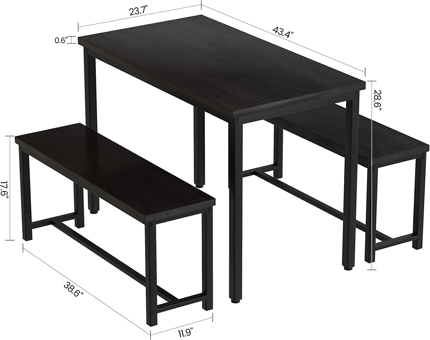 Farmhouse Dining Table Set with 2 Benches - Solid Wood Kitchen Table and Chairs for 4-6 People, Black Breakfast Nook Set for Small Spaces - Perfect for Family Meals, Entertaining Guests & Cozy Dining