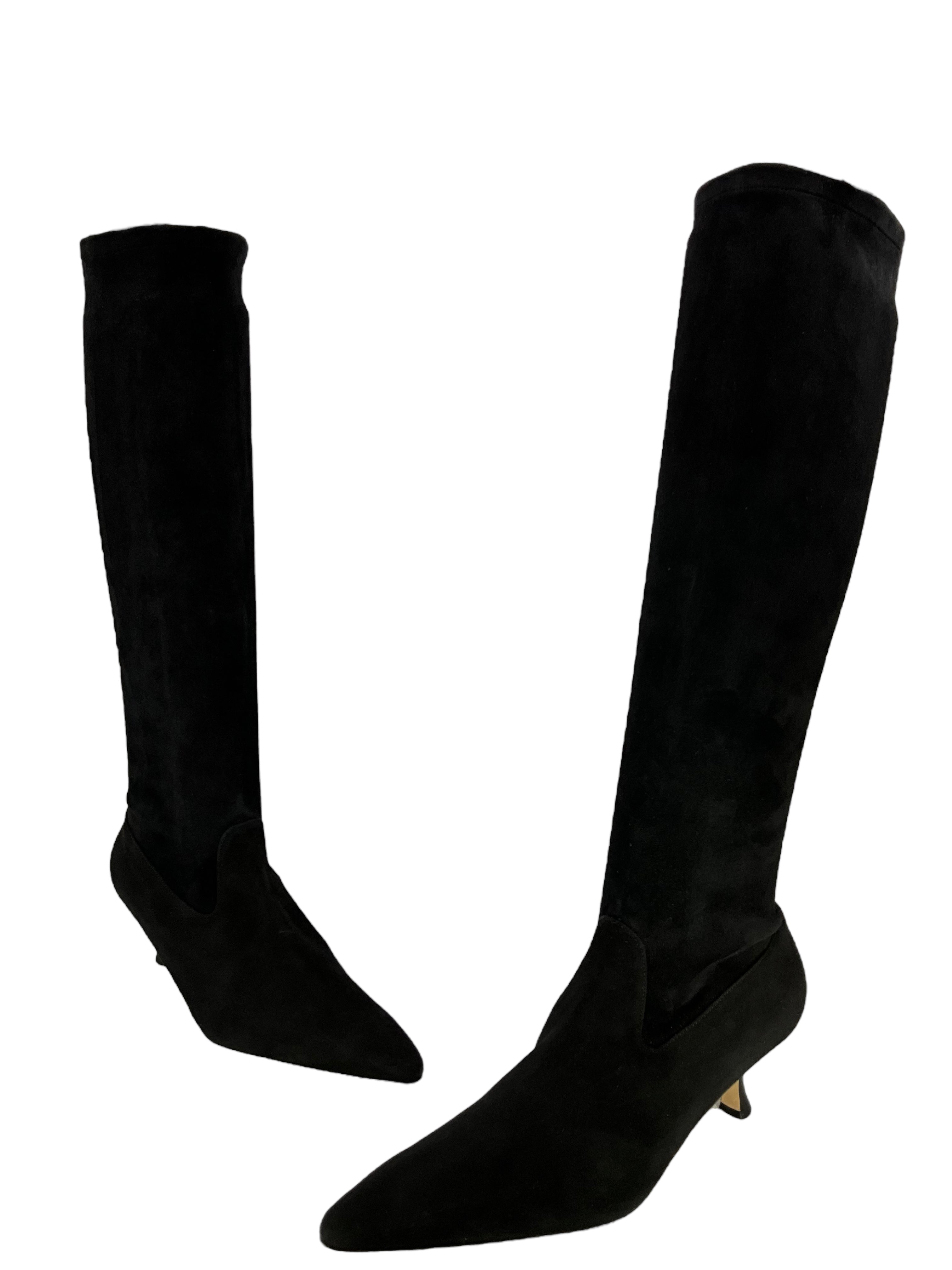 Manolo Blahnik Black Suede Knee High Pointed Toe Boots Women's Size 8.5 - Elegant Dress Boots for Evening Wear & Winter Fashion