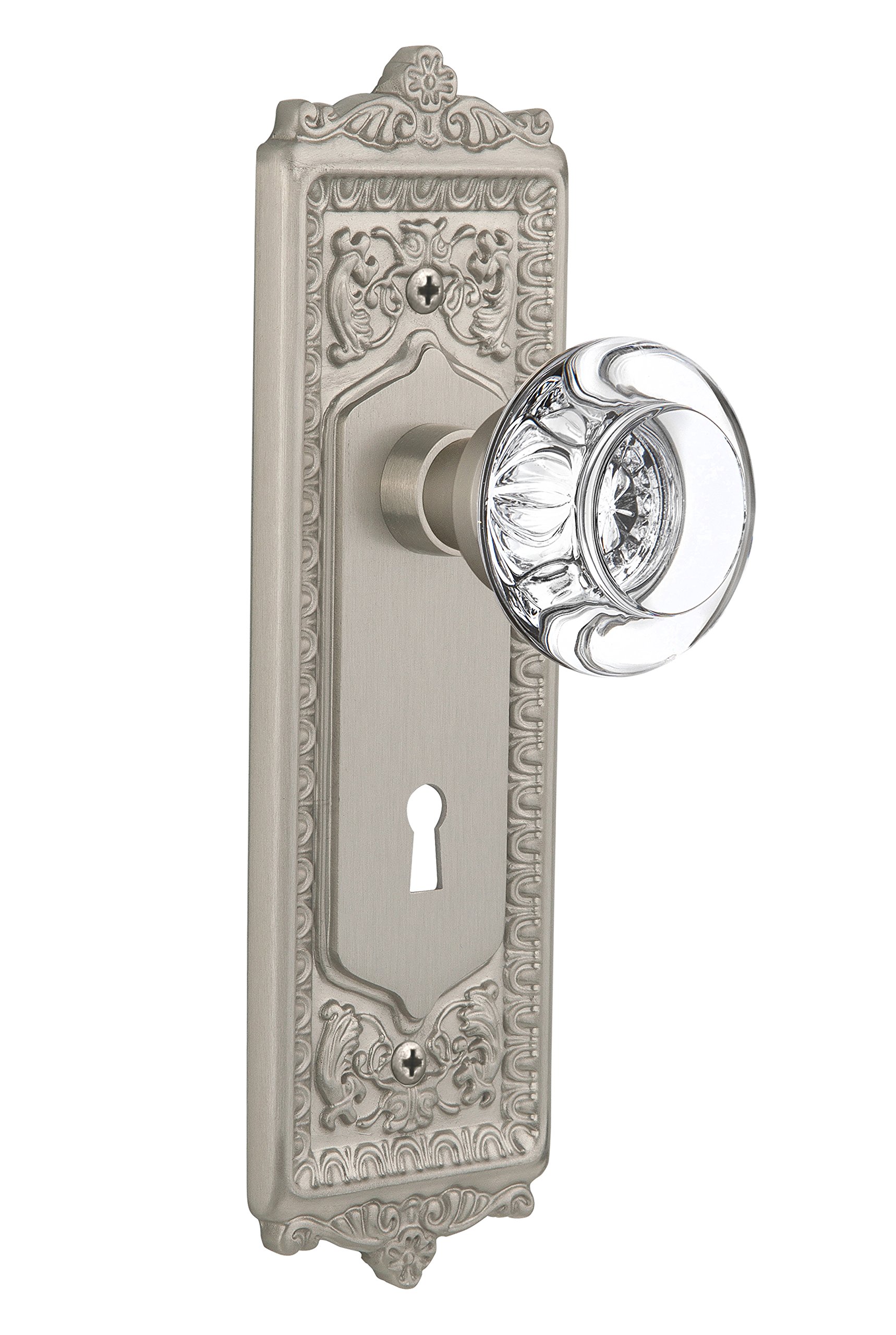Vintage Satin Nickel Egg & Dart Plate with Clear Crystal Glass Knob - 2.375
