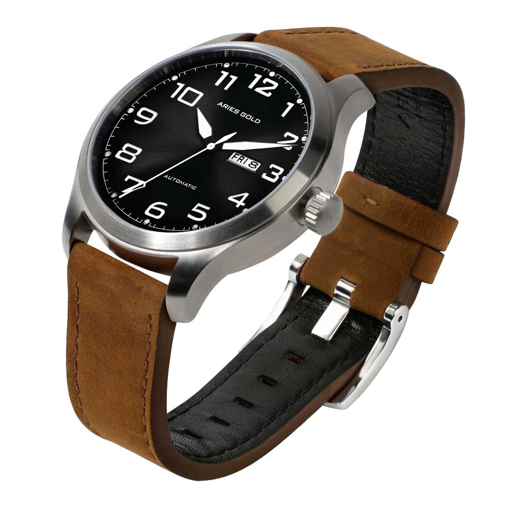 ARIES GOLD Automatic Men's Watch - Silver Stainless Steel Case with Brown Leather Strap (Model G 9017 S BK) | Elegant Dress Watch for Business, Formal Events & Everyday Wear