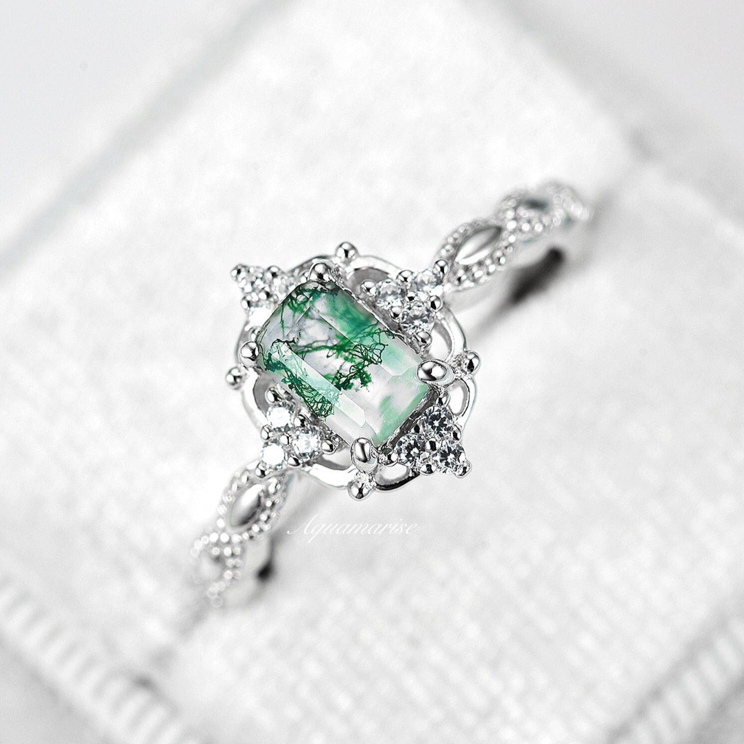 14K White Gold Moss Agate Ring for Women - Elegant Claire Green Gemstone Jewelry for Everyday Wear & Special Occasions