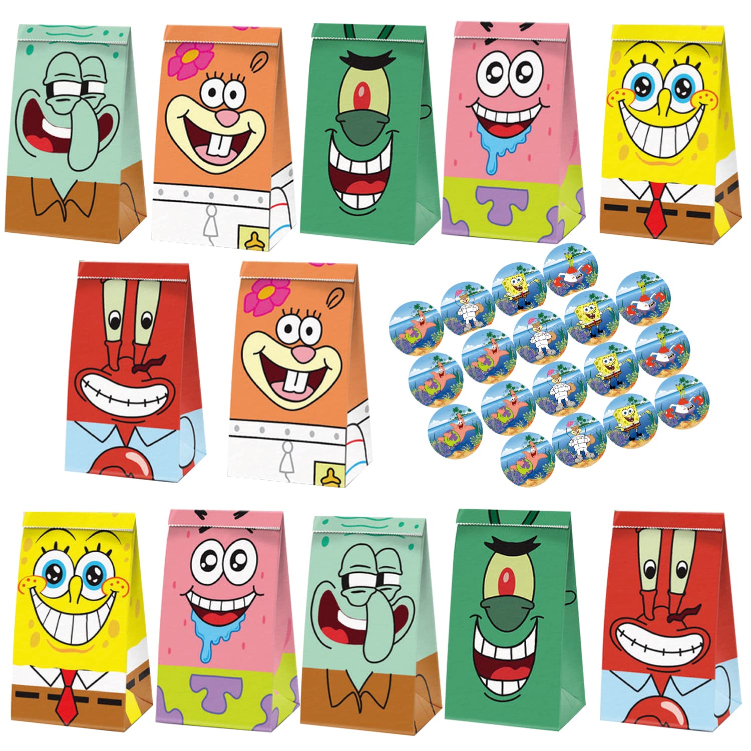24-Piece Sponge Themed Party Gift Bags Set - 12 Gift Bags & 12 Stickers for Kids Birthday Party Decorations, Perfect for Boys and Girls - Great for Birthday Parties, Baby Showers & Themed Events