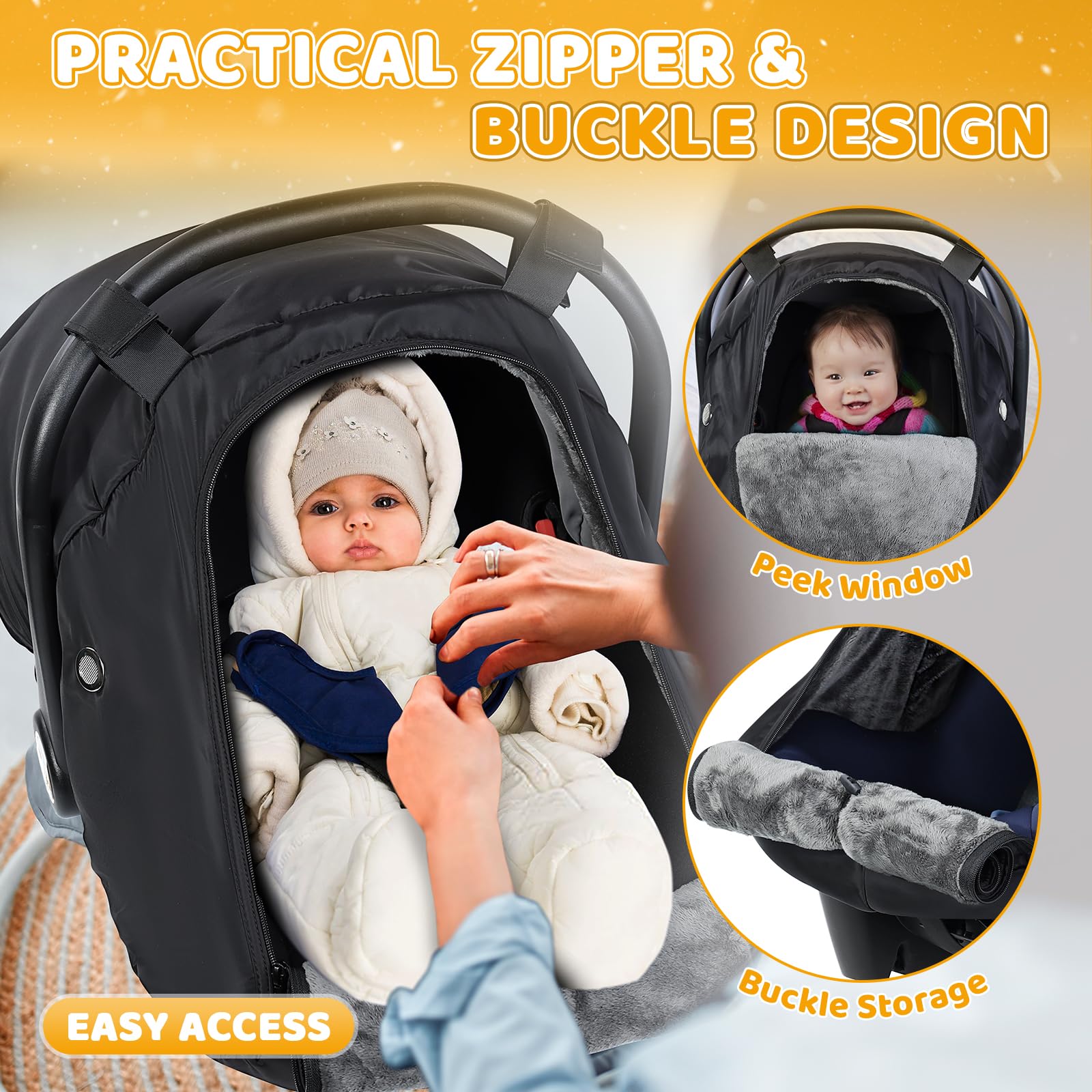 Orzbow Winter Baby Car Seat Cover - Front Zipper Door, Breathable & Waterproof Canopy for Rain, Snow & Wind Protection - Machine Washable Black Car Seat Cover for Cold Weather - Perfect for Winter Travel & Outdoor Adventures with Baby