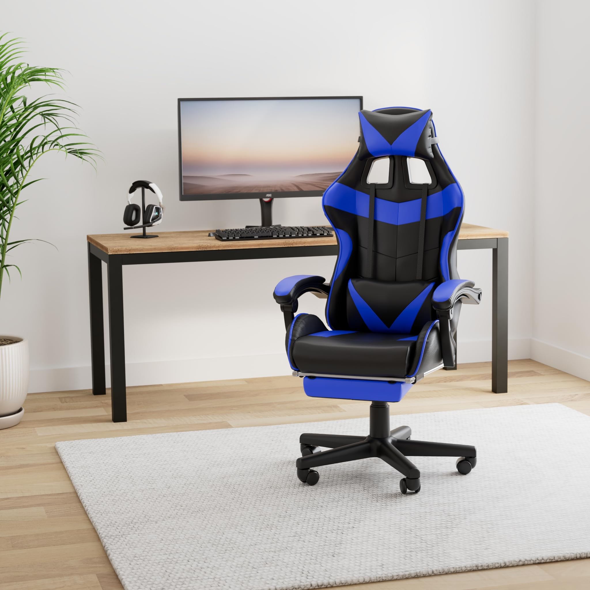 Soontrans Ergonomic Gaming Chair with Adjustable Headrest & Lumbar Support - Blue Computer Game Chair for PC, E-Sports with Retractable Footrest - Perfect for Home Office, Streaming & Pro Gaming Sessions (Storm Blue)
