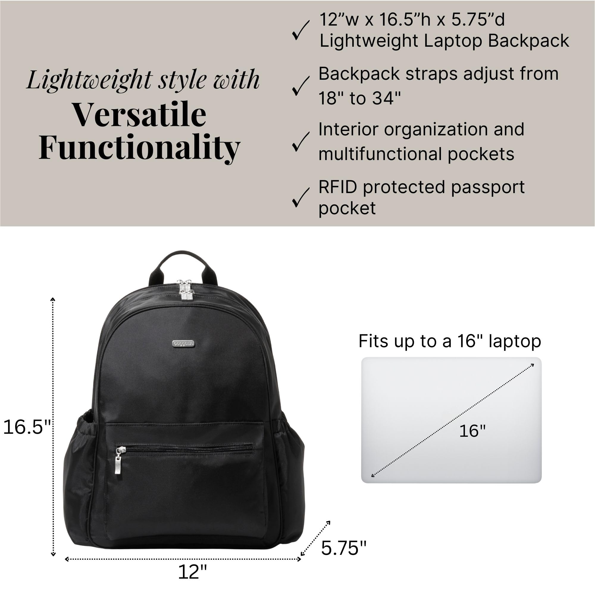 Baggallini Essential 16x12 Inch Lightweight Laptop Backpack with 16