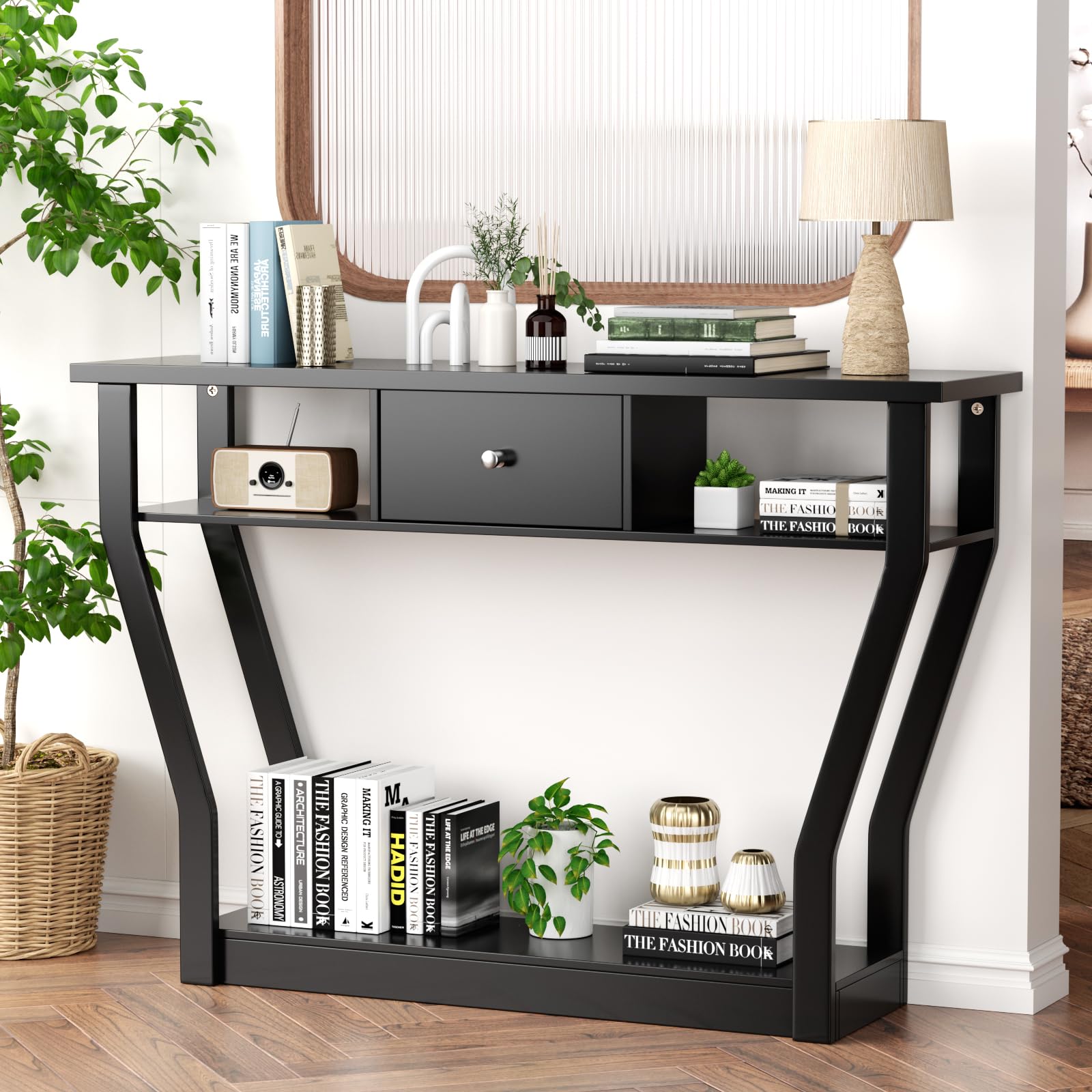 47'' Narrow Console Table with Drawer - 3-Tier Wooden Entryway Table with Open Shelves - Multi-Purpose Sofa Table for Living Room, Hallway & Bedroom - Easy Assembly & Storage (Black) - Perfect for Small Spaces & Home Decor