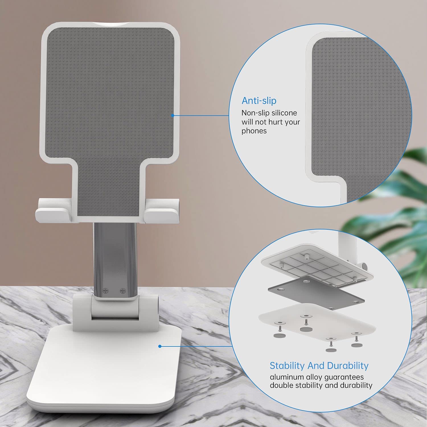 Adjustable Aluminum Phone Stand for Desk - Foldable & Portable Cell Phone Holder with Angle & Height Adjustment - Compatible with iPhone, Samsung, iPad & Tablets - Perfect for Home Office, Video Calls & Hands-Free Viewing (White)